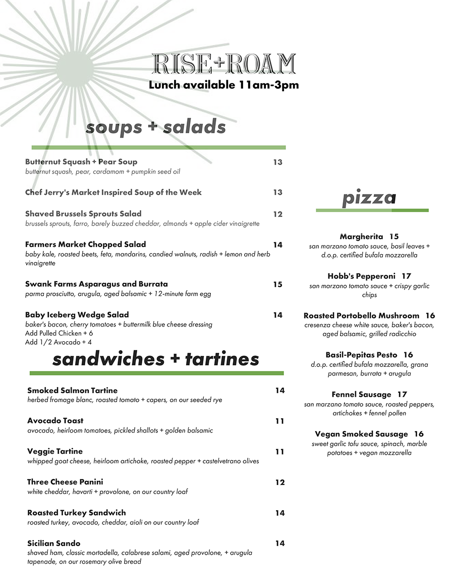 Rise + Roam menu front Rise and Roam Menu Page One